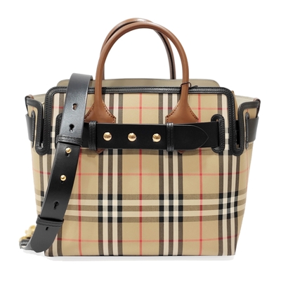 【BURBERRY 巴寶莉】80187901 經典LOGO壓紋腰帶鉚釘造型手提/肩背斜背包(格紋)