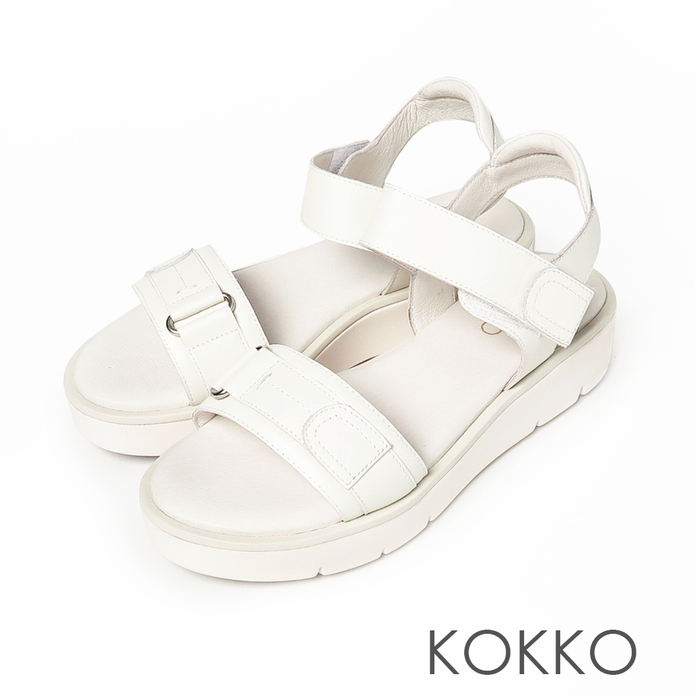 KOKKO超透氣全真皮輕量運動風休閒厚底涼鞋米色