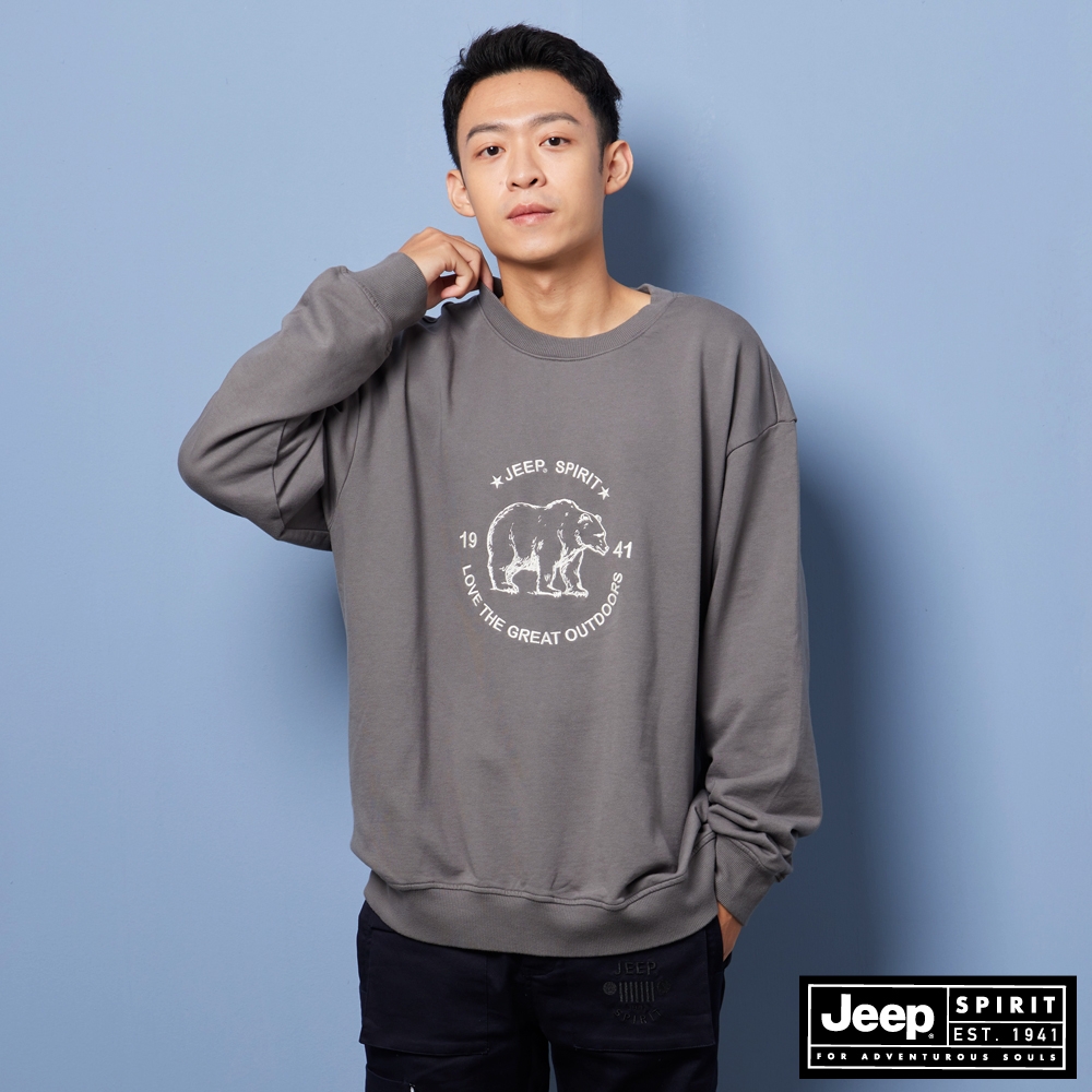 JEEP 男裝 北級熊圖騰刺繡長袖大學T-灰色