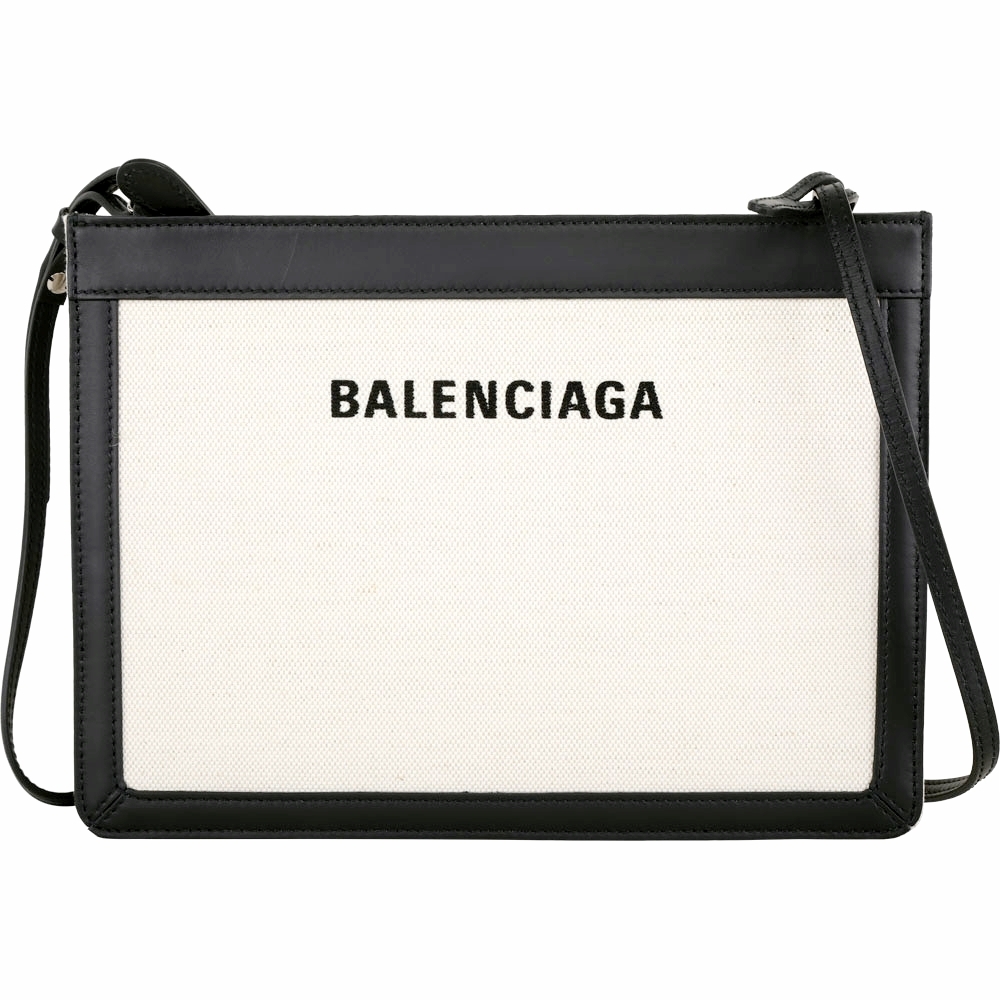 BALENCIAGA Navy POCHETTE 字母帆布小牛皮手拿/斜背包(米白)