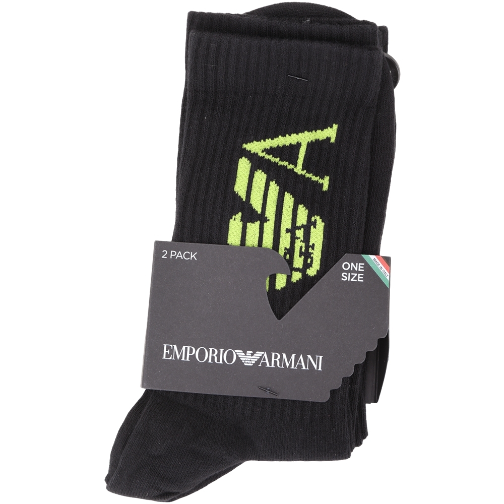Emporio Armani 針織老鷹標誌綠字黑色中筒襪組(2入組)
