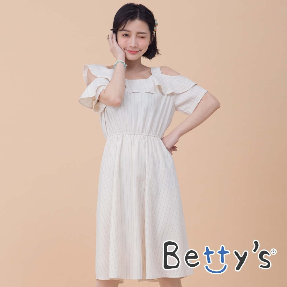 betty’s貝蒂思　荷葉斜肩條紋洋裝(卡其)