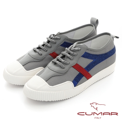【CUMAR】真皮拼接異材質簡約線條鑽飾休閒鞋-灰