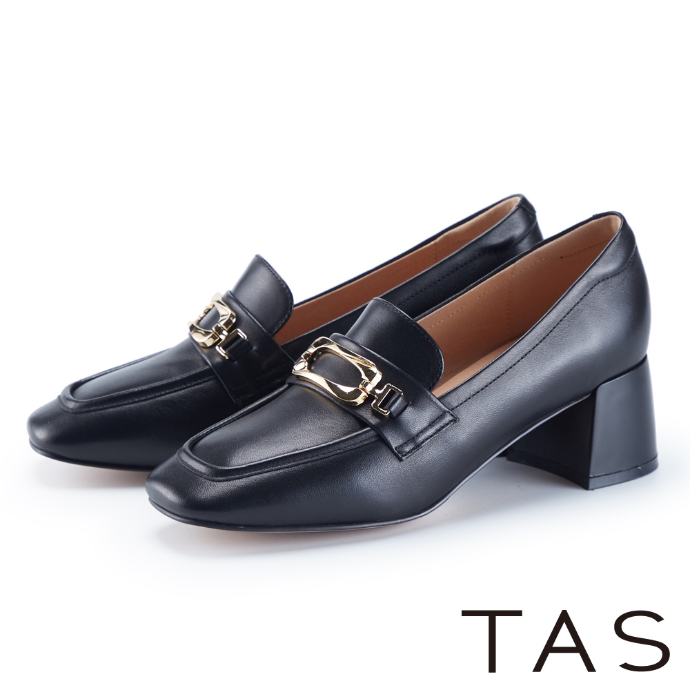 TAS 氣質金屬釦羊皮樂福中跟鞋 黑色