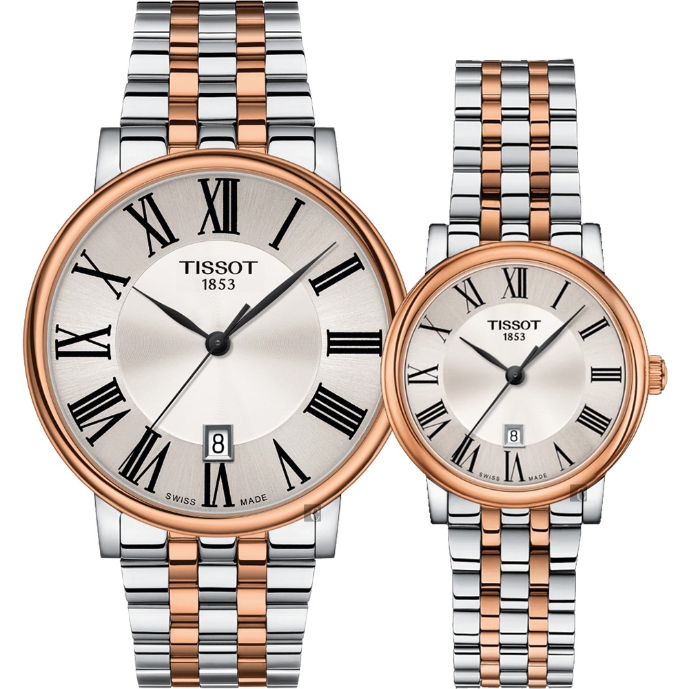 TISSOT 天梭 官方授權 Carson 羅馬石英對錶-40+30mm T1224102203300+T1222102203301