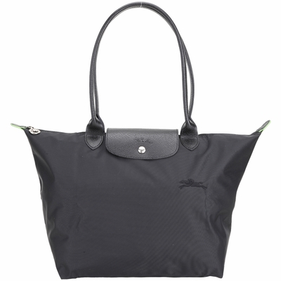 LONGCHAMP Le Pliage Green 大款 奔馬刺繡長提把再生尼龍水餃包(黑色)