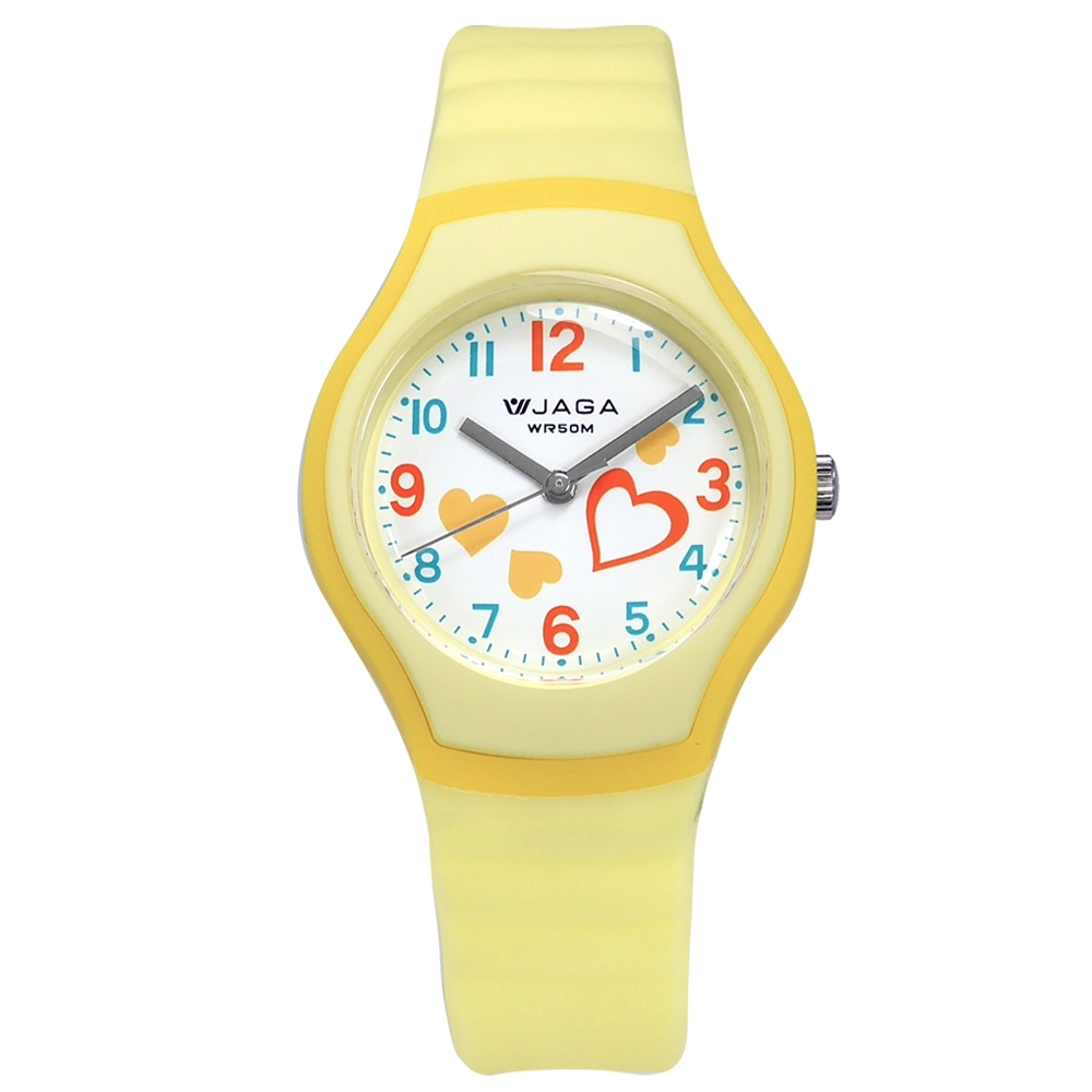 JAGA 捷卡 運動休閒 愛心指針 防水50米 橡膠手錶-白x橙黃/32mm
