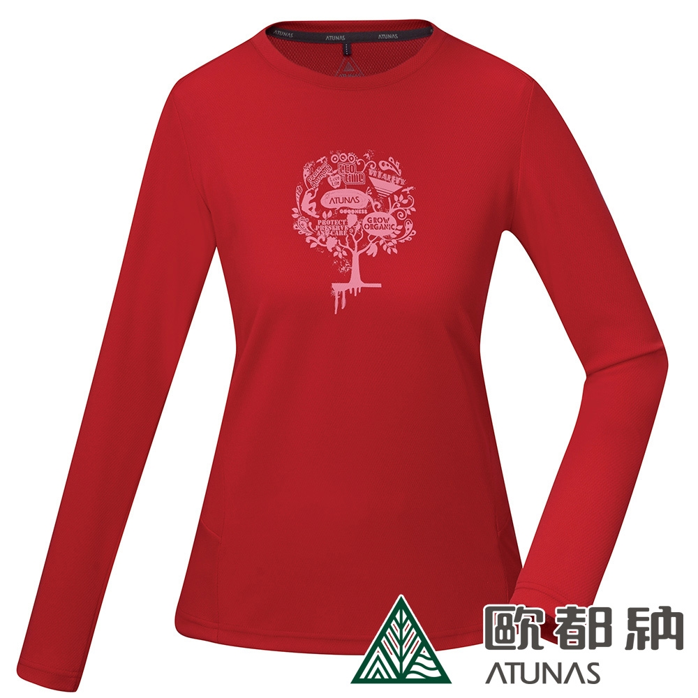 【ATUNAS 歐都納】女款薄長袖T恤A8TS2120W紅/彈性透氣/吸濕排汗/防曬抗UV/休閒圖T