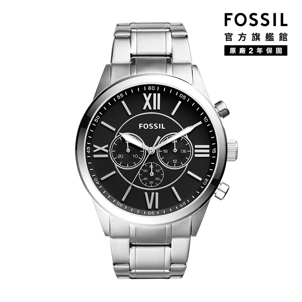 FOSSIL Flynn 經典雅仕羅馬數字三眼手錶 銀色不鏽鋼鍊帶  46 MM BQ1125IE