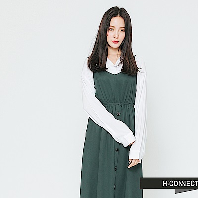 H:CONNECT 韓國品牌 女裝-縮腰排扣細肩帶洋裝-藍綠色