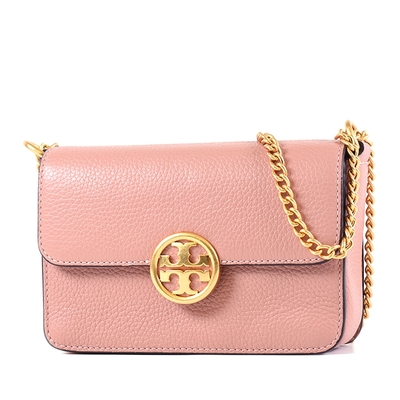 TORY BURCH OLIVIA 荔枝紋磁釦翻蓋鍊帶肩背斜背二用包-月牙粉