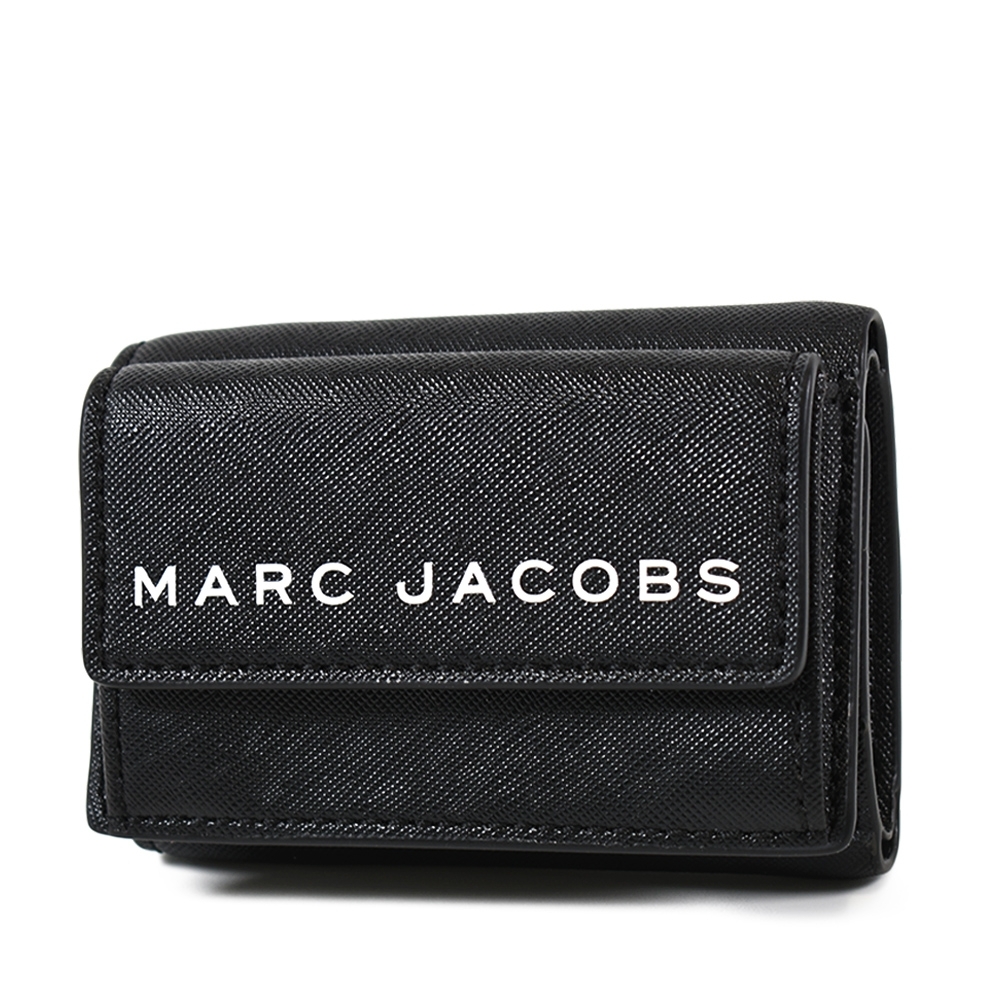 MARC JACOBS 白色LOGO防刮皮革釦式三折短夾-黑色