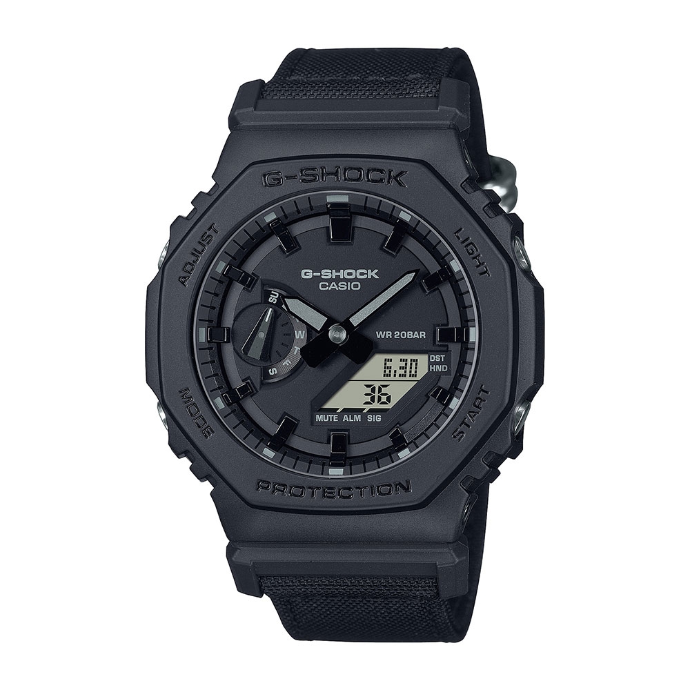 CASIO卡西歐 G-SHOCK 百搭酷黑 街頭潮流 Cordura尼龍錶帶 八角形錶殼 GA-2100BCE-1A_45.4mm