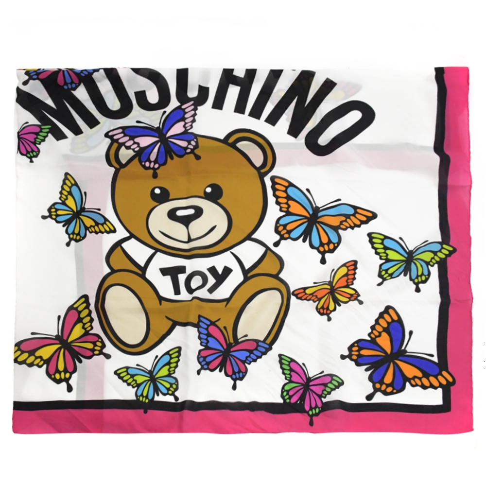 MOSCHINO 彩色蝴蝶泰迪熊印花方形絲巾(白底 90*90)