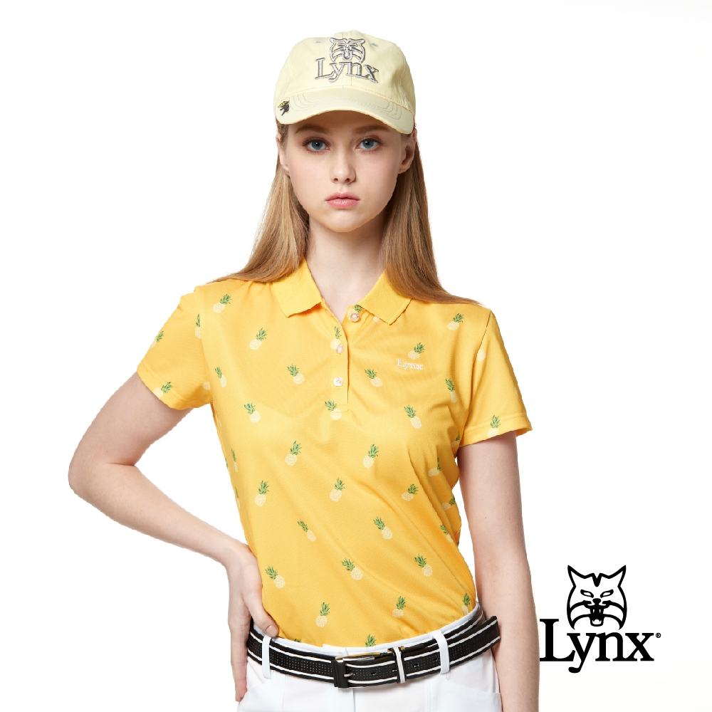 【Lynx Golf】女款吸濕排汗羅紋領鳳梨旺來印花短袖POLO衫-黃色