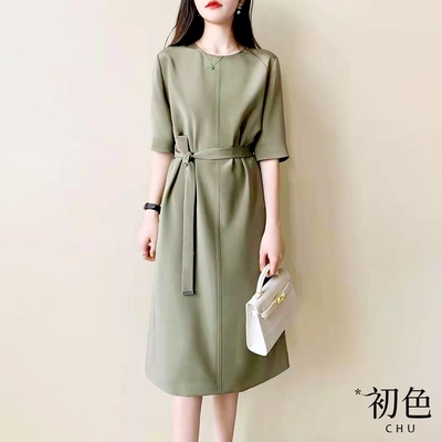 初色 素色圓領五分袖短袖綁帶收腰顯瘦中長裙連衣裙連身裙洋裝-綠色-30088(M-XL可選)