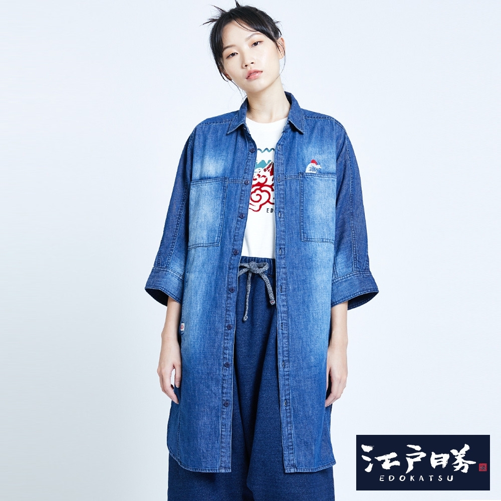 EDO KATSU江戶勝 洋裝式 七分袖牛仔襯衫-女-石洗藍