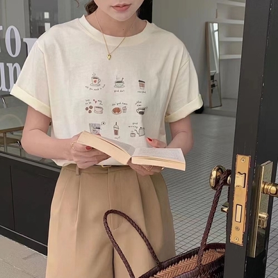 La Belleza韓版減齡圓領咖啡杯插畫圖案印花棉質T恤