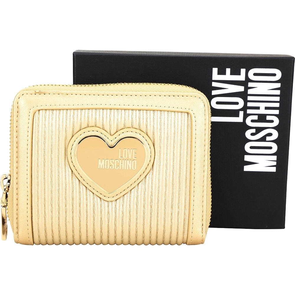 LOVE MOSCHINO 愛心標誌坑條皮革拉鍊短夾(金色)