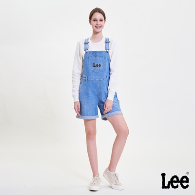 Lee 女款 經典Logo吊帶牛仔短褲 中藍洗水