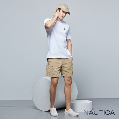 Nautica 男裝 滿版帆船刺繡休閒短褲-卡其色