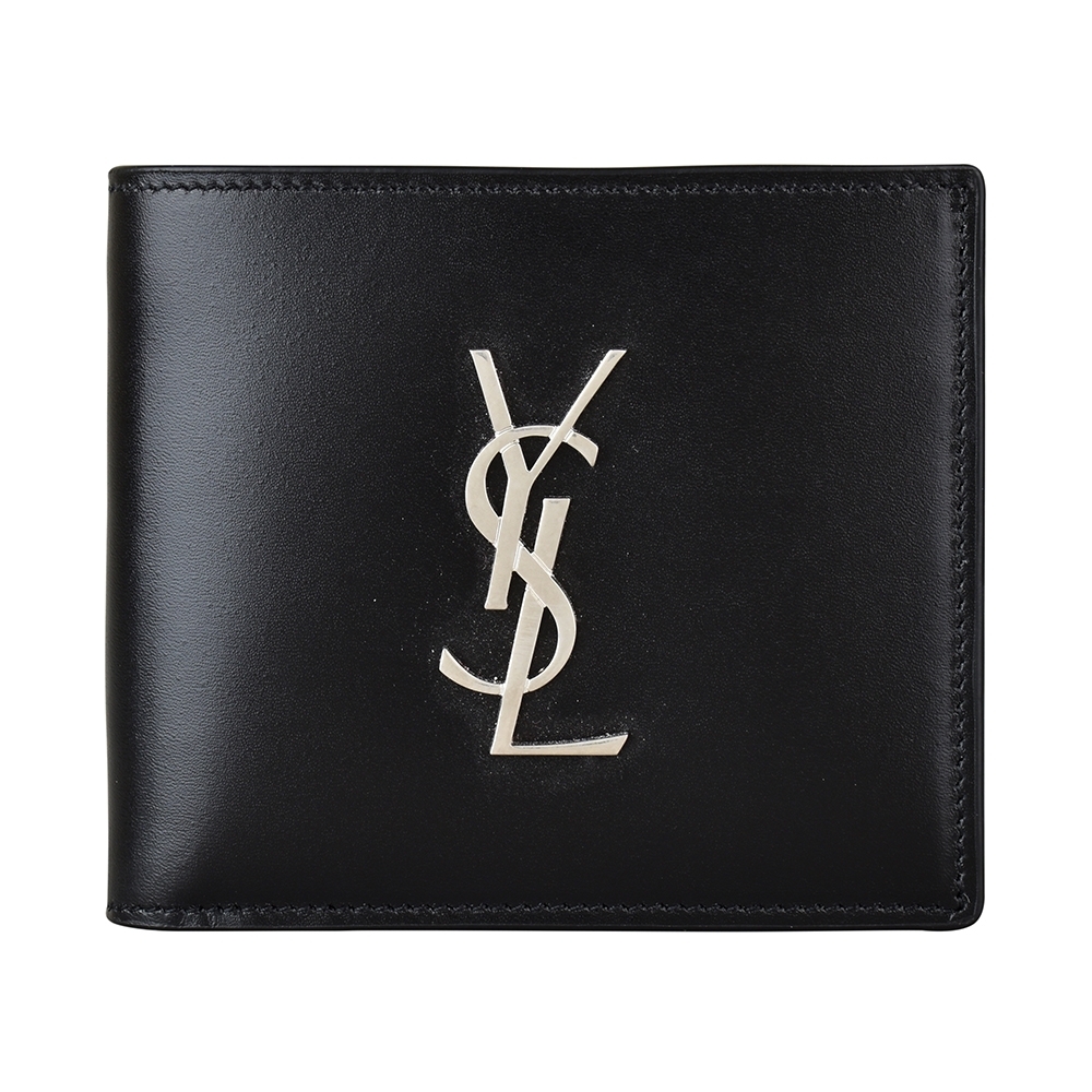 YSL Monogram銀字LOGO小牛皮8卡對折短夾(黑)