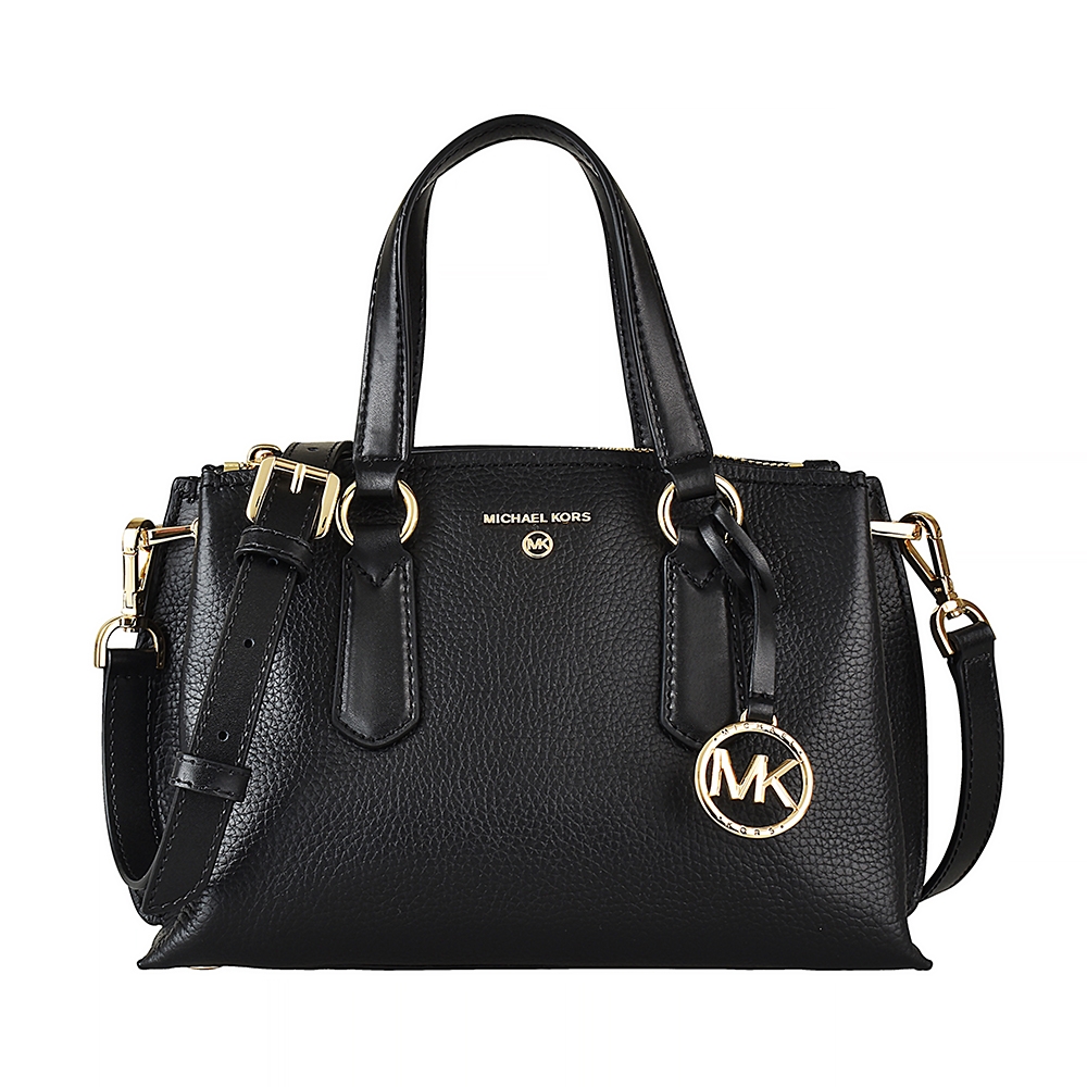 MK MICHAEL KORS EMMA SM金字LOGO荔枝紋牛皮拉鍊雙磁扣手提斜背包(小/黑)