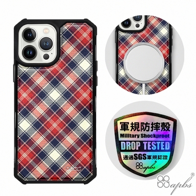 apbs iPhone 13 Pro Max / 13 Pro / 13 軍規防摔皮革磁吸手機殼-經典牛紋-蘇格蘭紋紅-黑殼