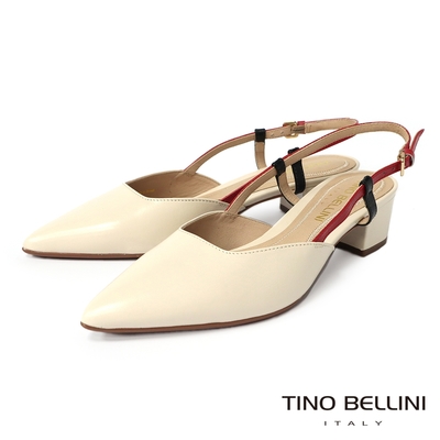 Tino Bellini 巴西進口清新色系尖頭後釦帶粗跟鞋_米