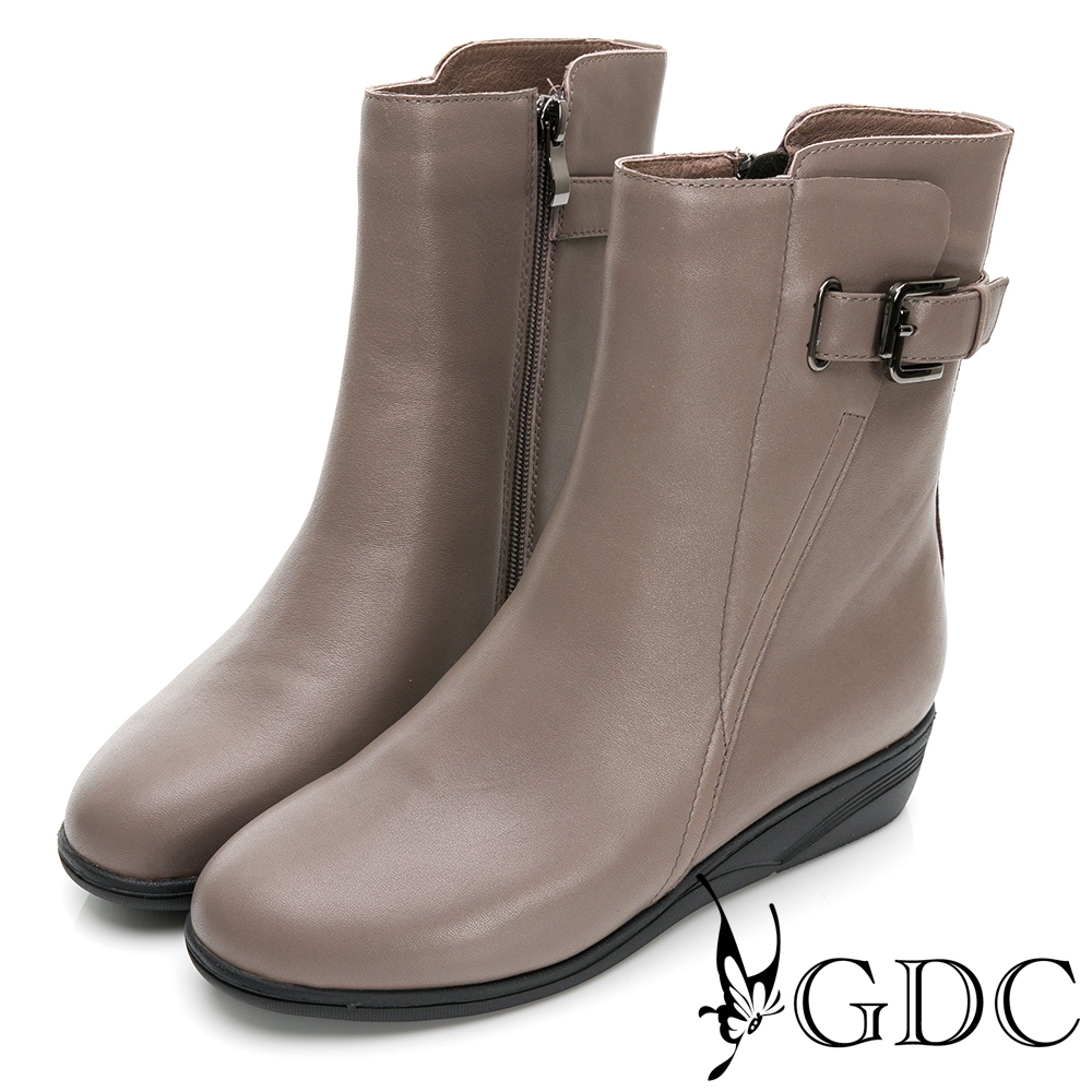 GDC-帥氣真皮側釦中筒楔型靴-灰色