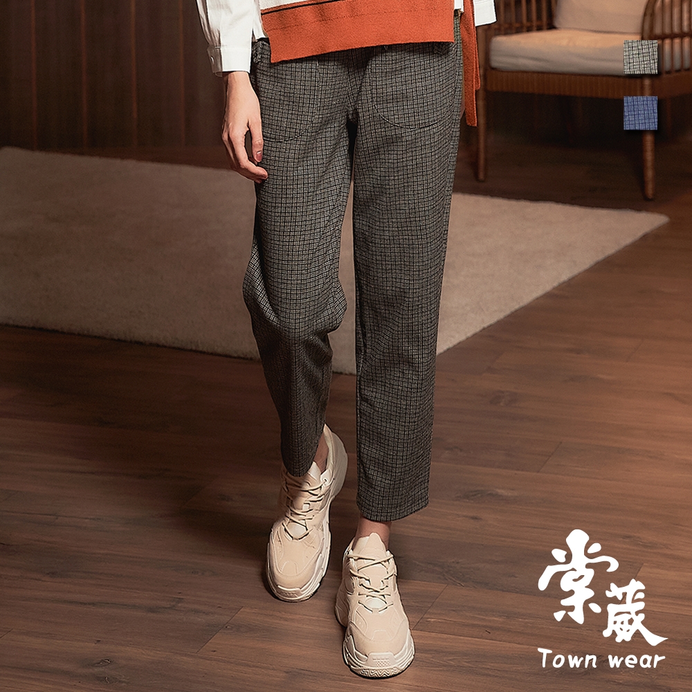 【TOWNWEAR棠葳】貓咪口袋細格紋長褲 2色(女下身/女下著/鬆緊帶/裝飾/舒適)