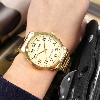 CASIO 卡西歐 紳士經典 復古時尚 數字刻度 不鏽鋼手錶 金色 MTP-V001G-9B 38mm