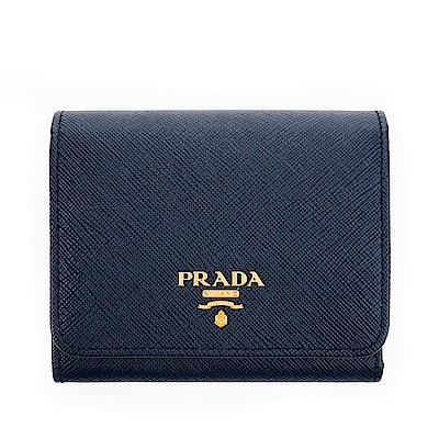 PRADA 經典浮雕金字LOGO十字紋防刮牛皮扣式三折短夾 (深藍)