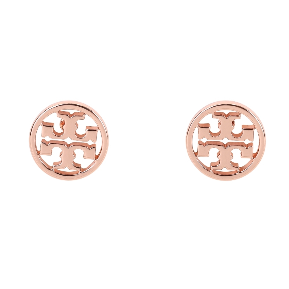 TORY BURCH Logo-Circle 雙T鏤空盾牌蝶釦針式耳環(玫瑰金)