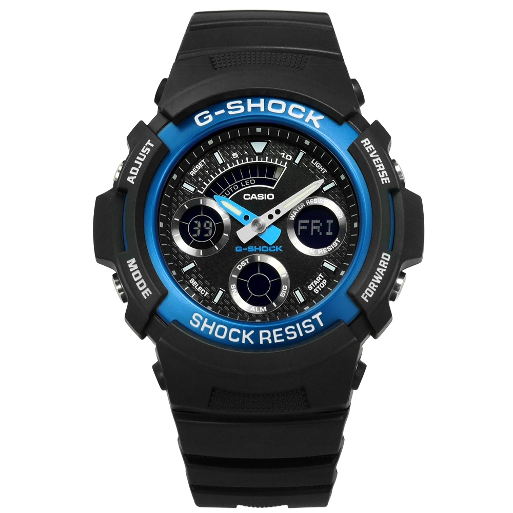 G-SHOCK CASIO卡西歐雙顯計時防水游泳衝浪手錶藍黑色AW-591-2A 46mm