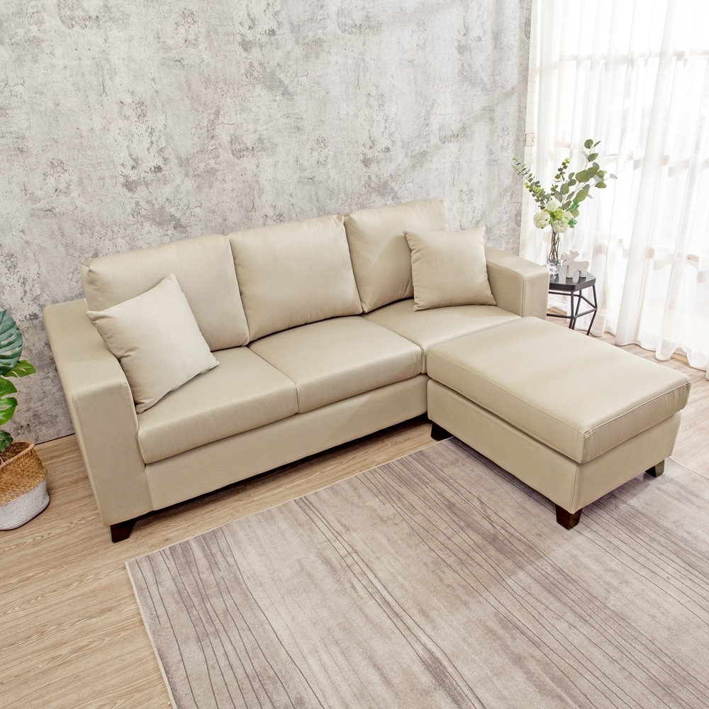 Boden-萊森 耐磨柔順涼感布機能L型沙發(三人座+腳椅)(贈抱枕)(香檳棕)