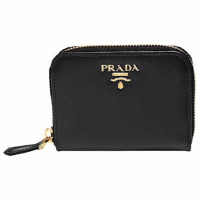 prada saffiano metal系列金色浮雕logo防刮牛皮拉鍊卡夾/零錢包(黑)