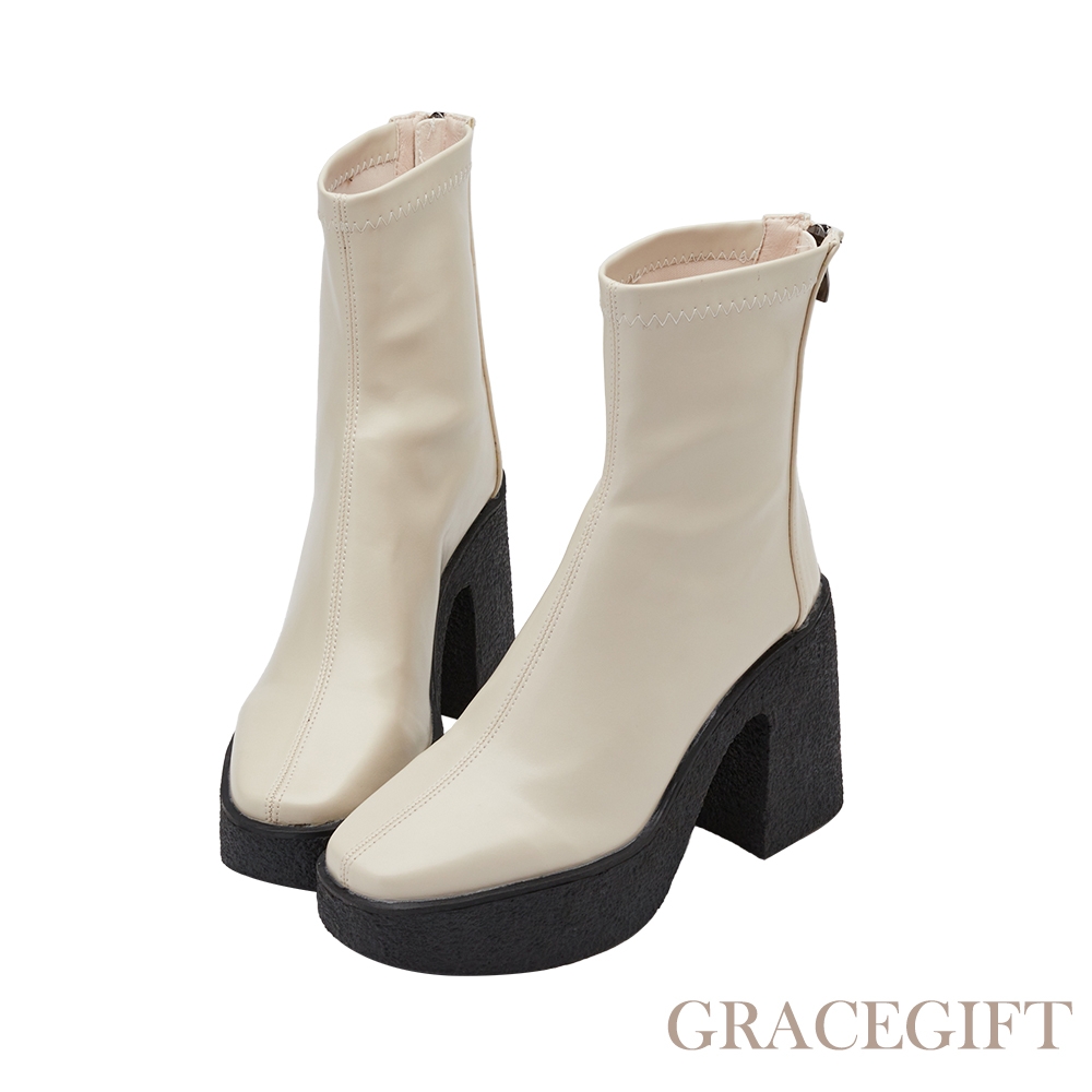 【Grace Gift】THREE-卡士達奶油皮革防水台高跟短靴 米白