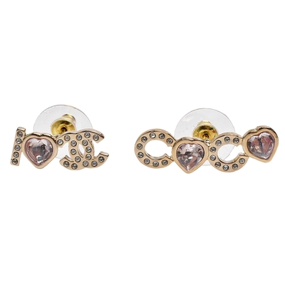 CHANEL 經典我愛COCO雙C LOGO不對稱造型穿式耳環(粉/金色)