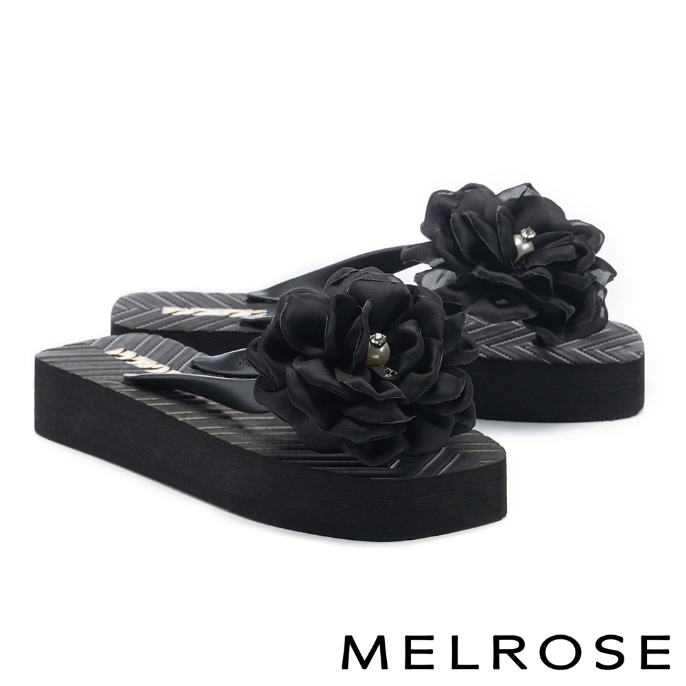 拖鞋 MELROSE 典雅百搭花朵造型厚底夾腳拖鞋－黑