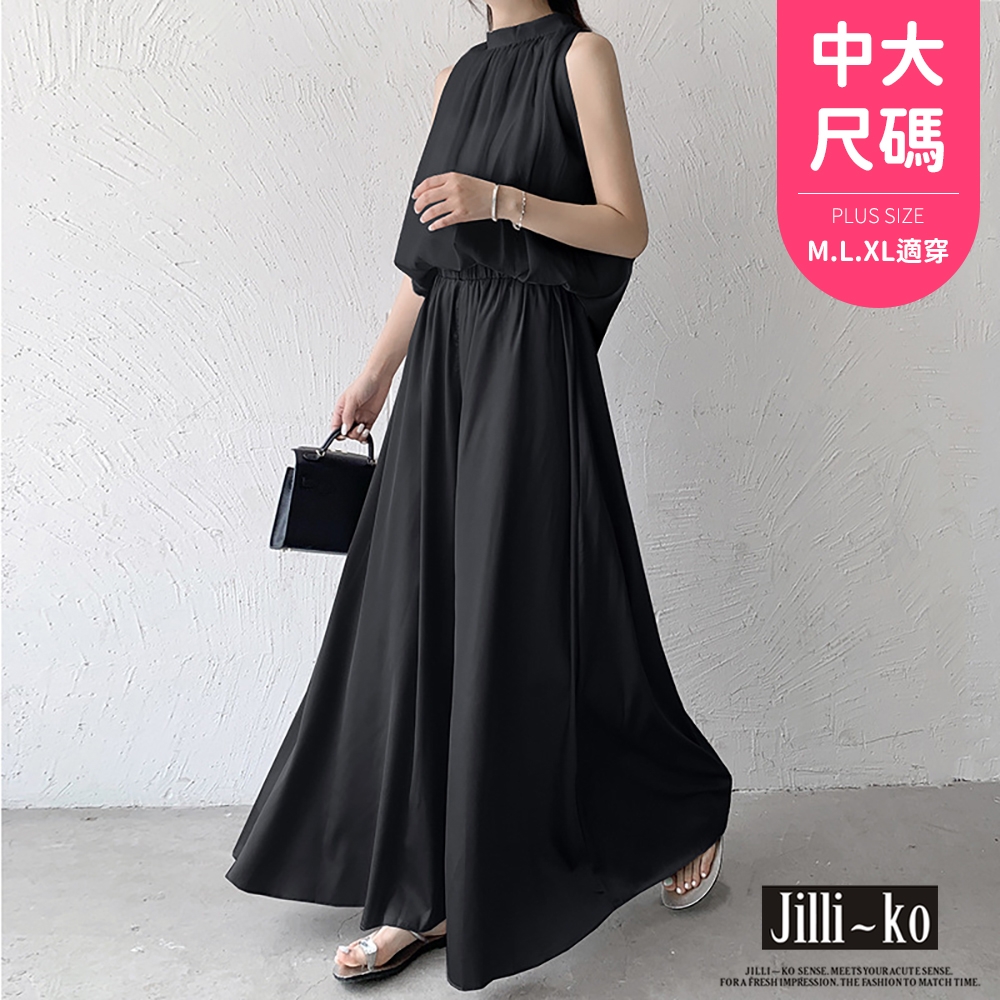 JILLI-KO 薄款高腰寬鬆飄逸垂感冰絲大擺裙褲中大碼- 黑/灰