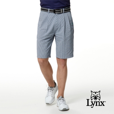 【Lynx Golf】男款日本進口布料混紡材質直條紋路雙折休閒短褲-淺藍色