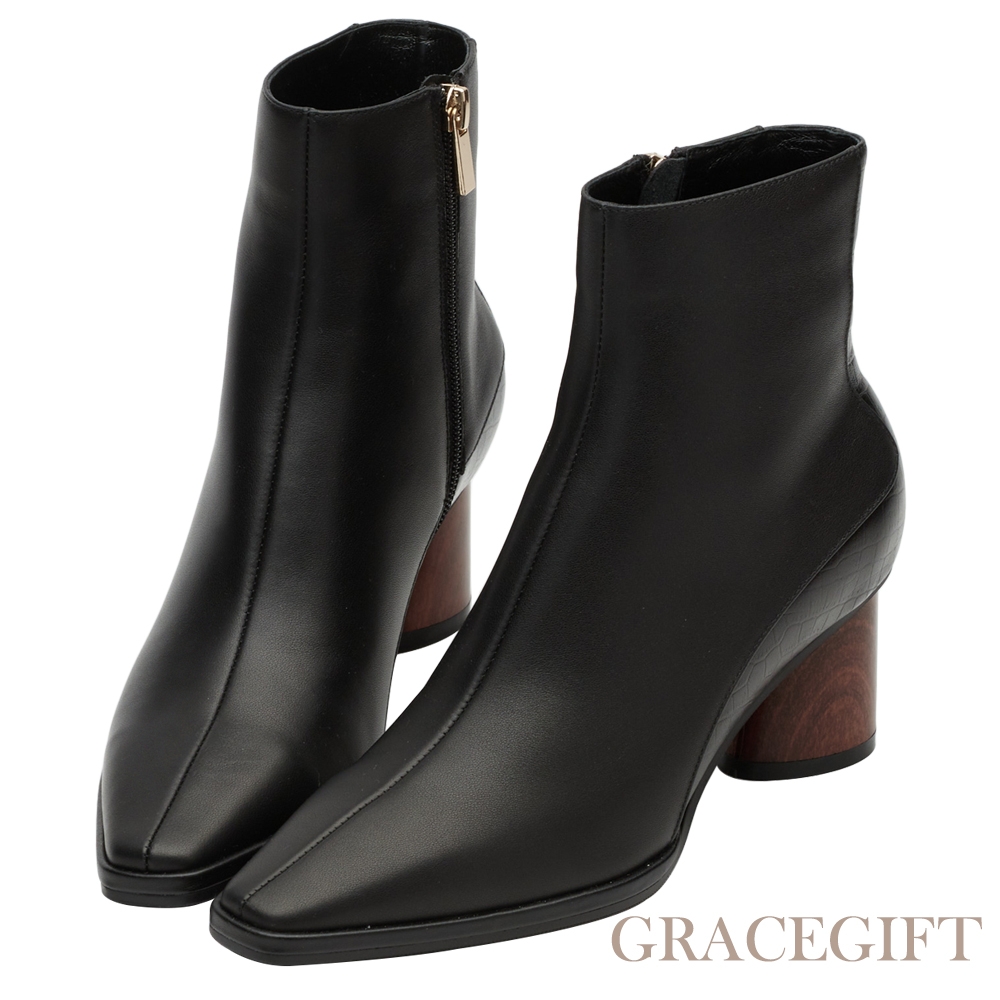 【Grace Gift】小貓聯名-大人感真皮俐落尖頭高跟短靴 黑
