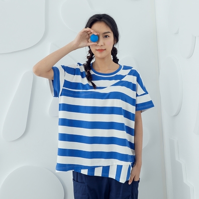【MOSS CLUB】條紋假兩件-女短袖上衣 條紋 藍 咖(二色/版型寬鬆)