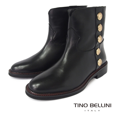 Tino Bellini 義大利進口牛皮金屬釦飾微V型靴口中筒短靴-黑
