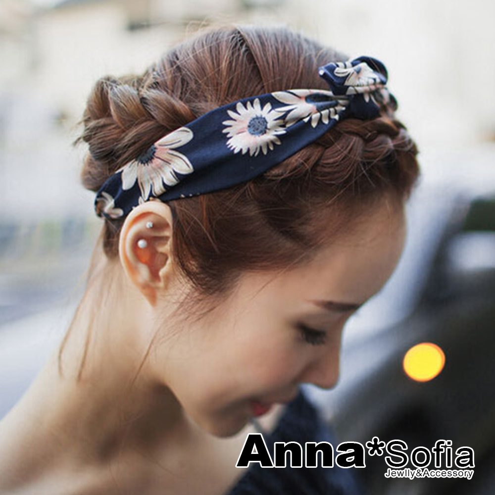 AnnaSofia 向陽雛菊款 軟布質兔耳髮帶髮圈(深藍系)