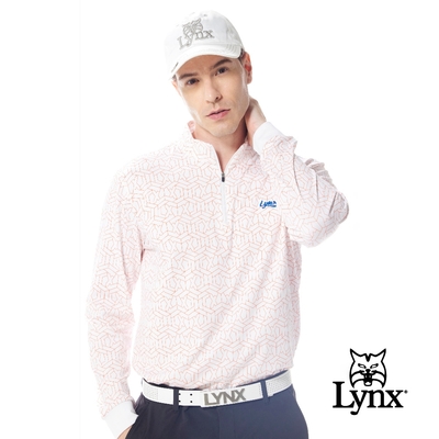 【Lynx Golf】男款吸濕排汗滿版創意線條造型圖樣印花長袖立領POLO衫/高爾夫球衫-白色