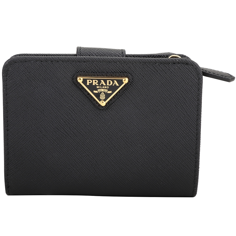 PRADA Saffiano 三角金防刮牛皮6卡對折短夾(黑色)