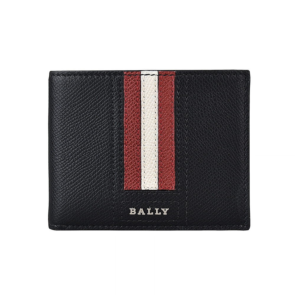 BALLY TEVYE銀字LOGO牛皮紅白條紋6卡短夾(黑)