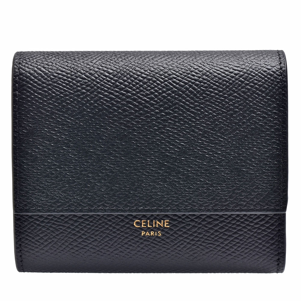 CELINE 經典品牌LOGO粒面小牛皮三折短夾(黑色)